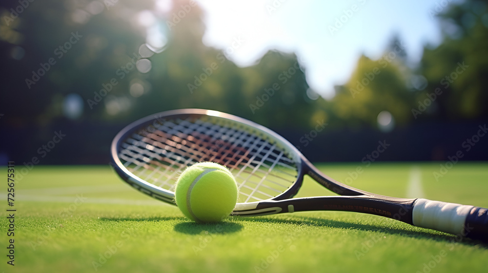 Tennis, Tennisschläger und Tennisball am Tennisplatz, close-up tennis ball and net on court, Generative, Ai