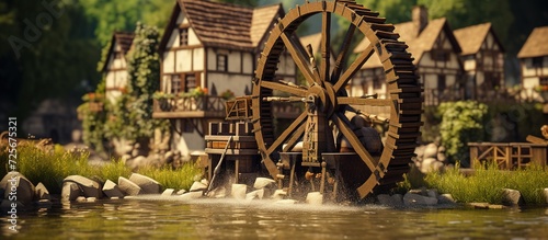 waterwheel on a river on the edge of a European village photo