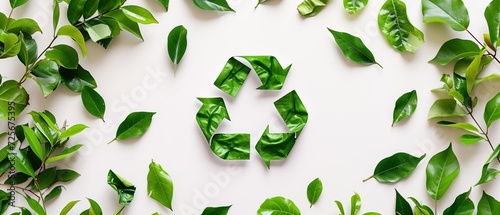 Recycling icon crafted from green leaves on a light background, embodying the principles of recycling, zero-waste production, eco-plastic, and eco fuel, with ample copy space