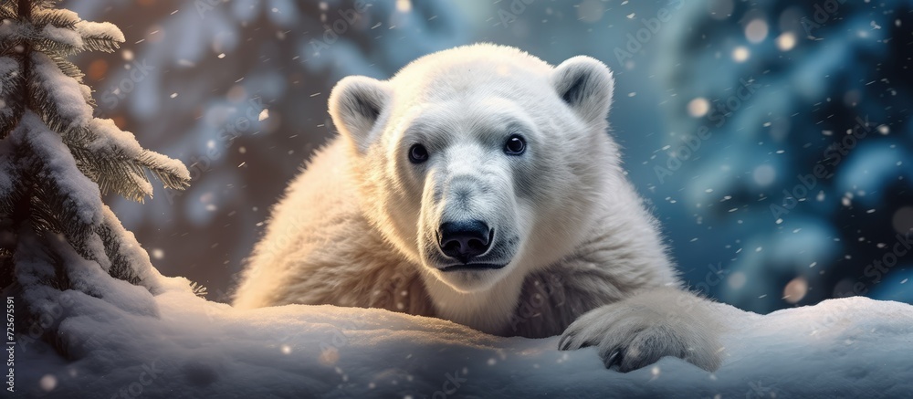 Polar bear is leaning under a pine tree, bokeh snowfall background, blue light, white