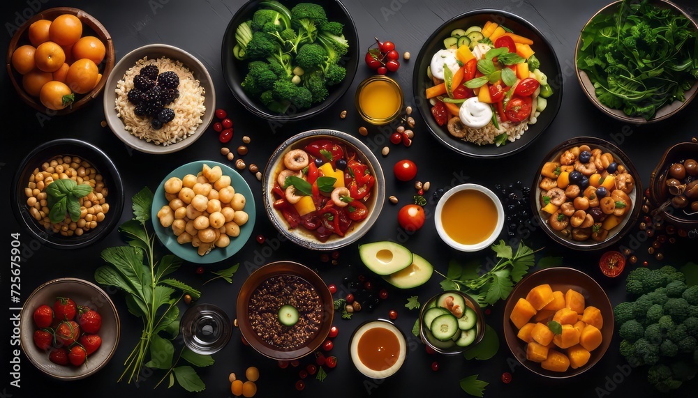 Assortment of healthy food dishes. Top view. Free space for your text Assortment of healthy food dishes. Top view. Free space for your text