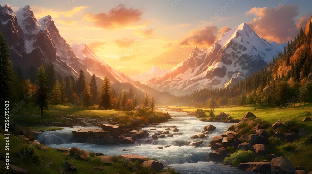 Fantastic panoramic landscape with mountain river, forest and snow-capped peaks at sunset