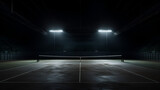 Blue tennis court and illuminated indoor arena with fans, upper front view, View of a tennis court with light from the spotlights over dark background, Generative Ai