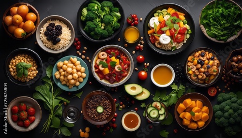 Assortment of healthy food dishes. Top view. Free space for your text