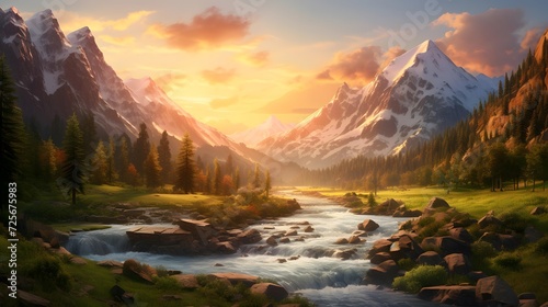 Fantastic panoramic landscape with mountain river, forest and snow-capped peaks at sunset
