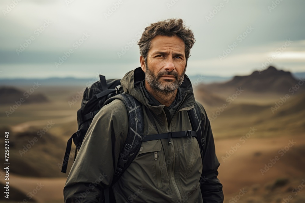 Handsome bearded man hiking in the mountains. Hiking concept.