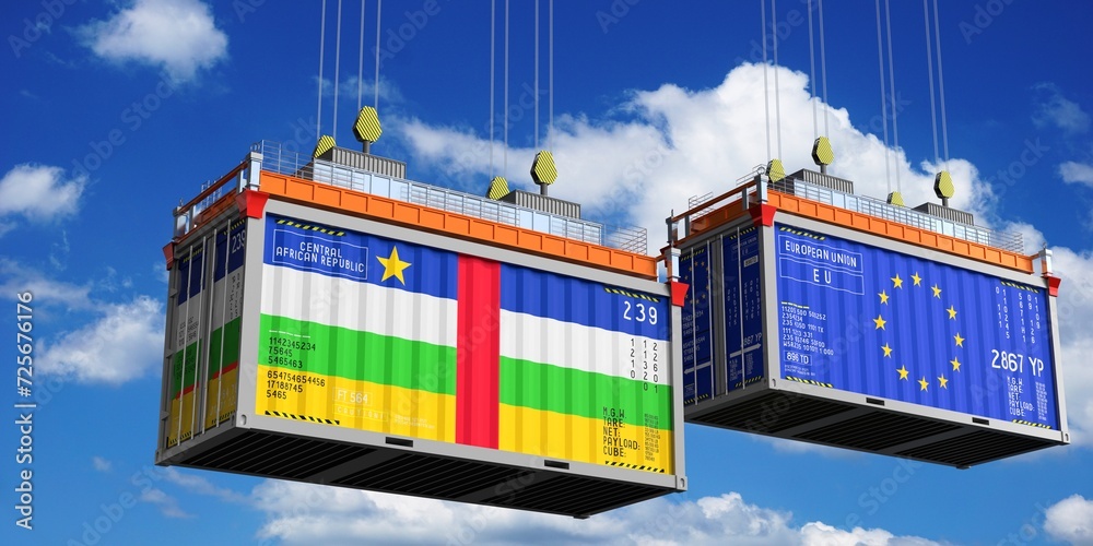 Shipping containers with flags of Central African Republic and EU - 3D illustration
