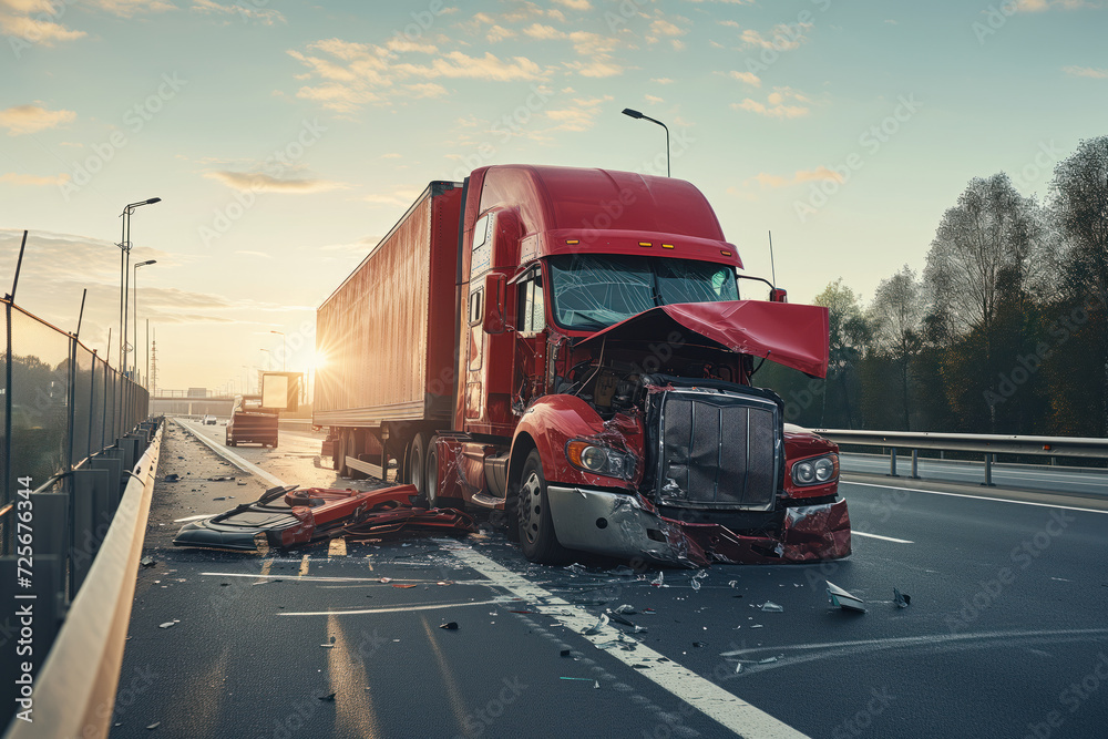 Semi truck was collided with highway road, an accident report was filed Generative AI - obrazy, fototapety, plakaty 