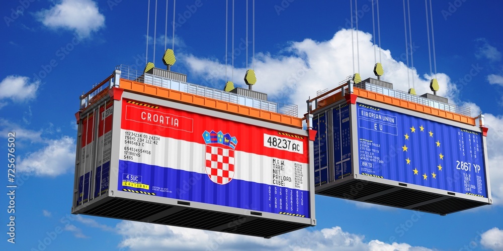 Shipping containers with flags of Croatia and European Union - 3D illustration