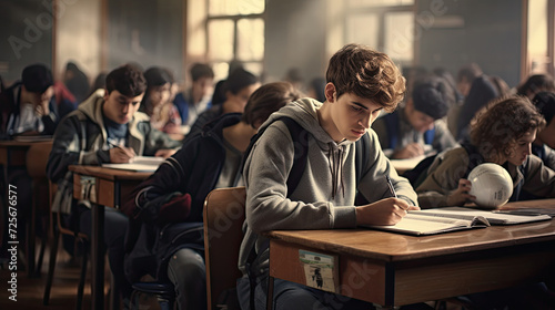 Group of students is taking exams on a subject in the class