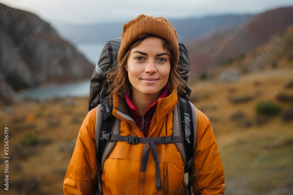 Young woman hiker with backpack on the background of mountains and lake