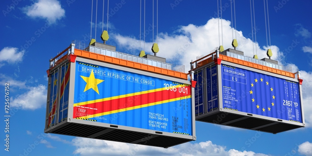 Shipping containers with flags of Democratic Republic of the Congo and EU - 3D illustration