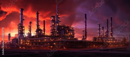 oil refinery factory in the afternoon, red, orange, purple