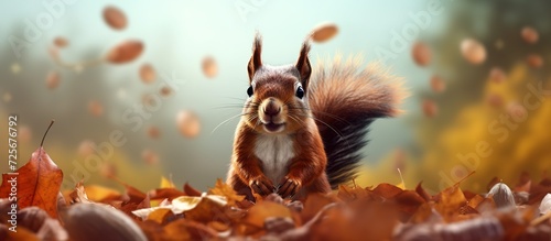 portrait of a red squirrel in autumn leaves eating cola seeds photo