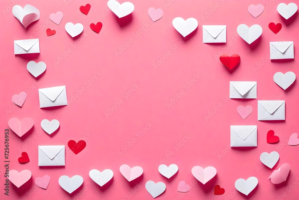 Red and white hearts on pink background.