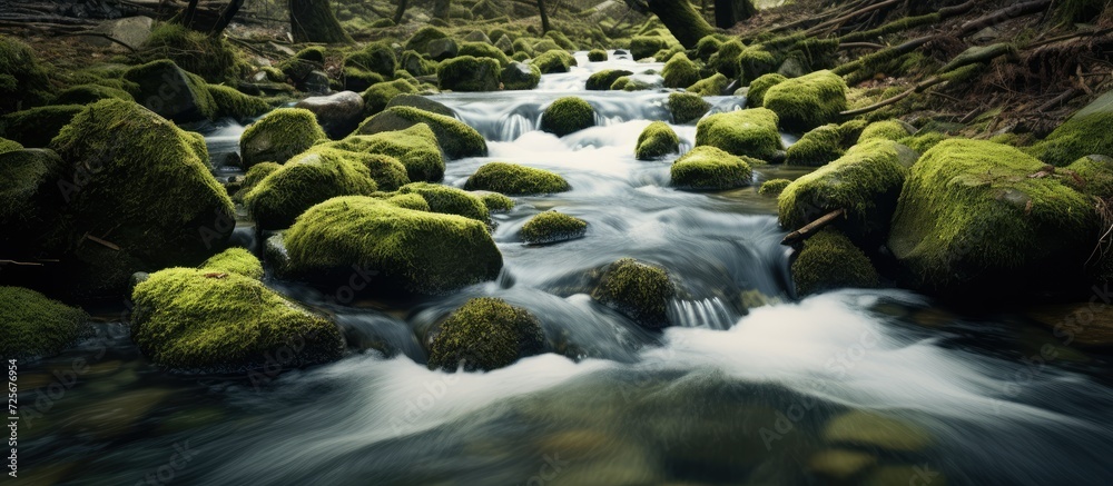 River water flows gently from mossy rocky hills