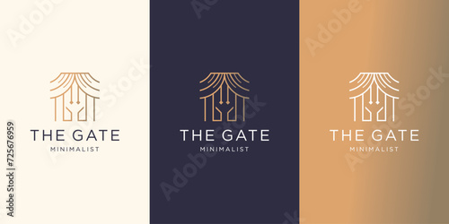 Luxury gate logo. Upmarket property lifestyle security estate line icon. Classic wrought iron entrance sign. Vector illustration.