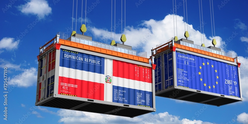 Shipping containers with flags of Dominican Republic and EU - 3D illustration