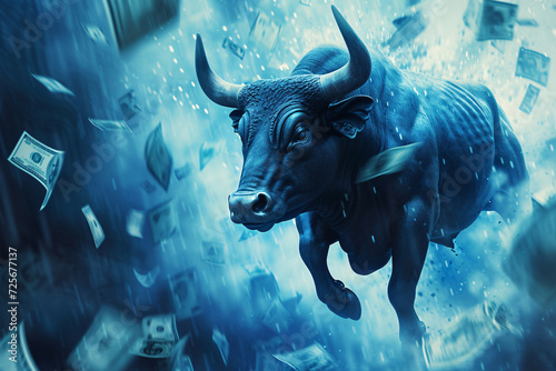 bull and rising finances, set against a blue stock market backdrop. money,blue trader technology concept.