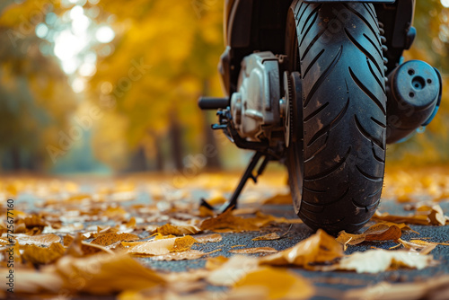
close-up of the scooter tire in autumn park