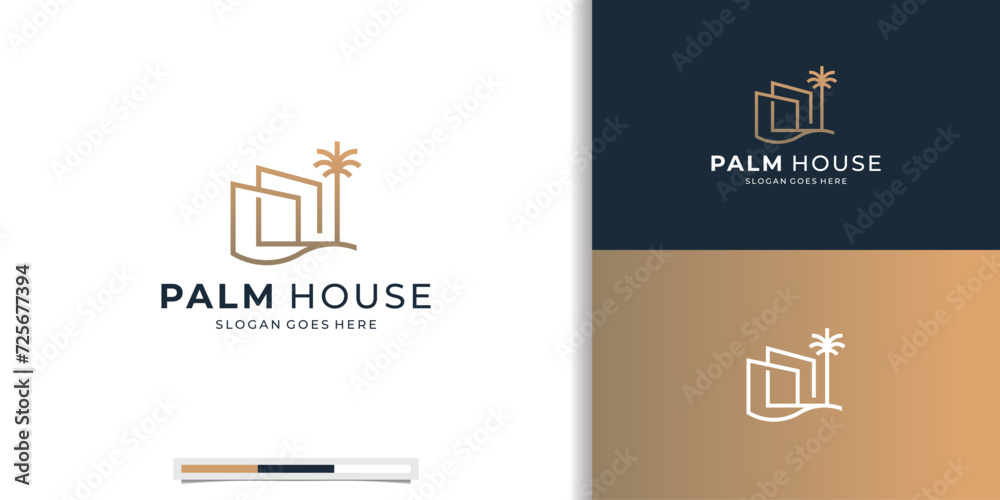 Luxury Palm house minimal logo design vector icon illustration. - obrazy, fototapety, plakaty 