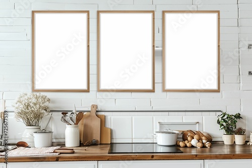 Three Frame mockup. Modern Kitchen with Wooden Accents and Dry Plants. Scandinavian kitchen design featuring wooden cabinets, a white countertop with dry pampas grass in a vase, and empty frame wall.