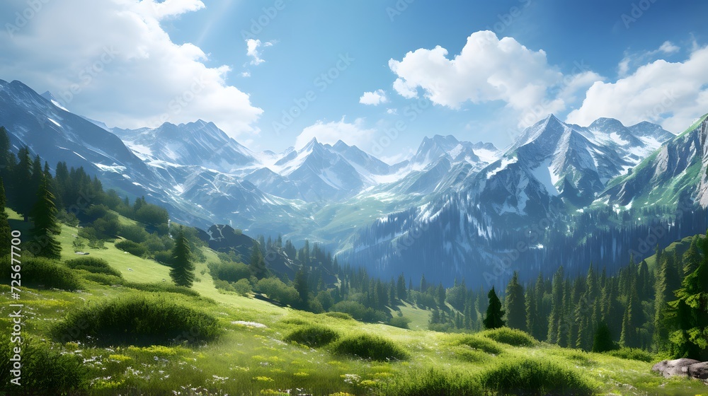 Panoramic view of alpine meadow with mountains in background