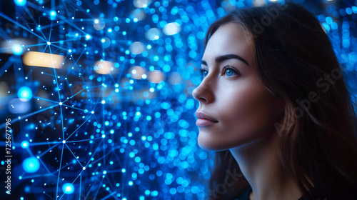 Portrait of a beautiful young brunette against a background of blue lights. the concept of future innovations