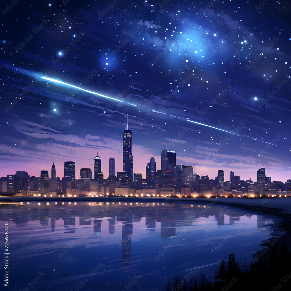 Cityscape at night with milky way and starry sky.