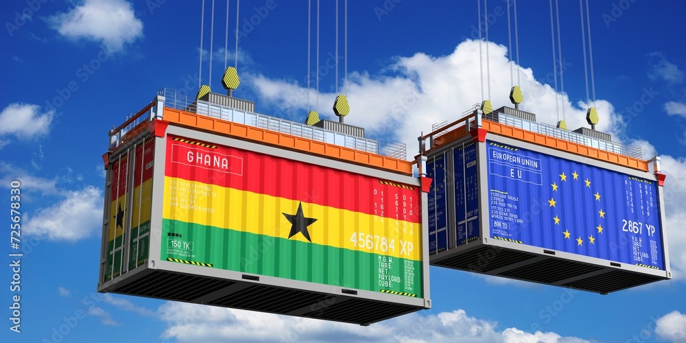 Shipping containers with flags of Ghana and European Union - 3D illustration