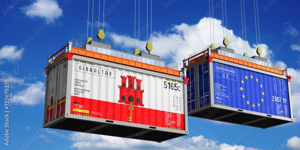 Shipping containers with flags of Gibraltar and European Union - 3D illustration