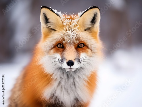 Red fox portrait in winter forest. Beautiful wild animal in nature.