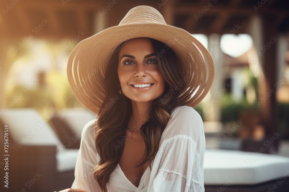 Beautiful young woman in hat is smiling and looking at camera while sitting in cafe outdoors