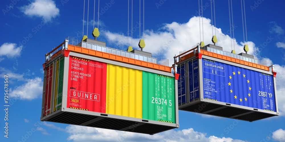 Shipping containers with flags of Guinea and European Union - 3D illustration