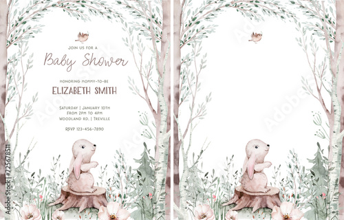 Woodland cartoon bunny Animals watercolor illustration template. Pre made frame for baby shower, birthday invitation kids baby rabbit in the forest.
