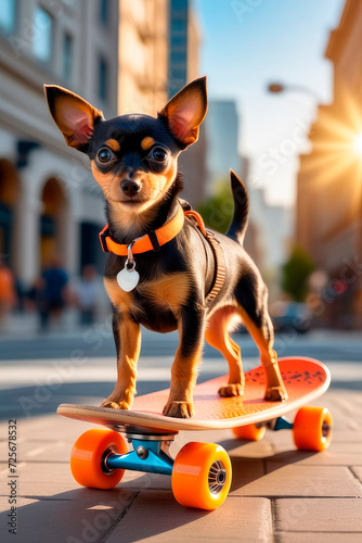 Happy toy terrier dog riding on the orange skateboard in the city street. © elena_hramowa