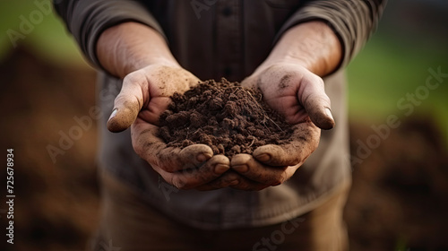 Farmer holding soil in hands close-up. Male hands touching soil on the field.