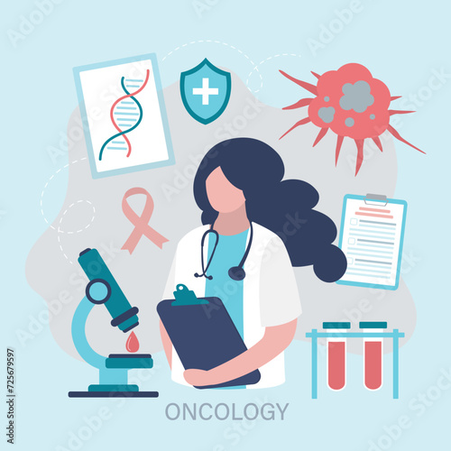 Professional oncologist web banner or landing page. Cancer disease diagnostic and treatment. Cancer cell. Oncology chemotherapy, biopsy, tumor removal.