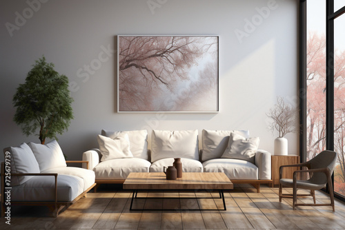 Step into a world of design possibilities. Visualize a simple living room mockup featuring an empty frame, offering a clean slate for your creative vision in a space of tranquility.