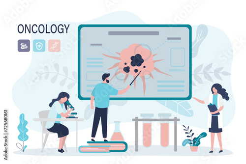 Group of doctors researching human cancer cell. Checkup and treatment concept. Doctor, nurse and surgeon team with test tubes and microscope. Healthcare, oncology,