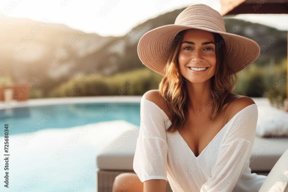 Beautiful young woman in hat and white blouse is smiling and looking away while sitting near swimming pool at resort