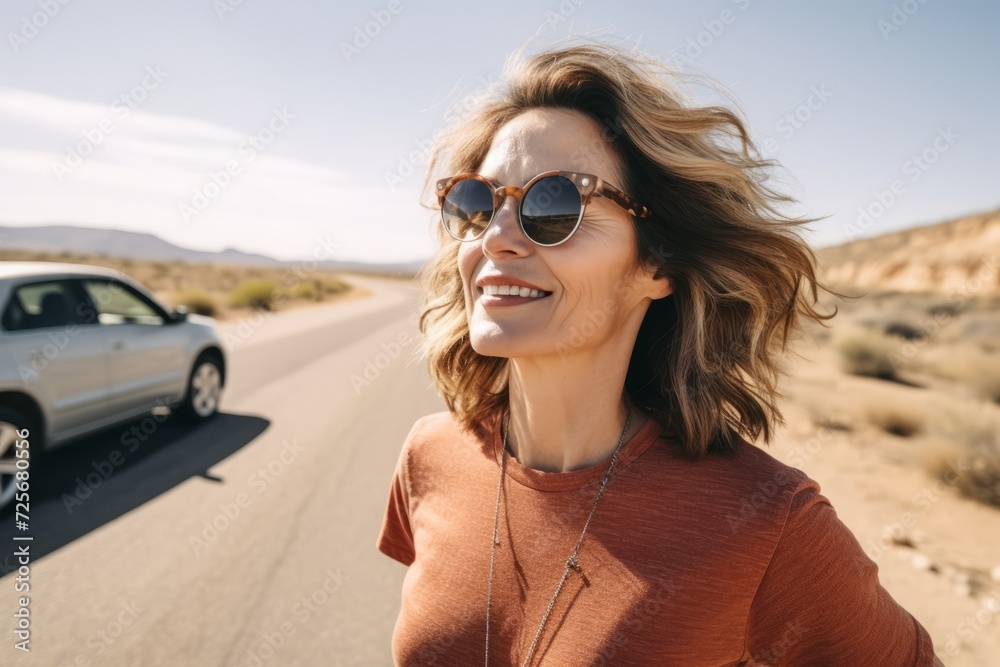 portrait of smiling woman in sunglasses looking away while standing on road