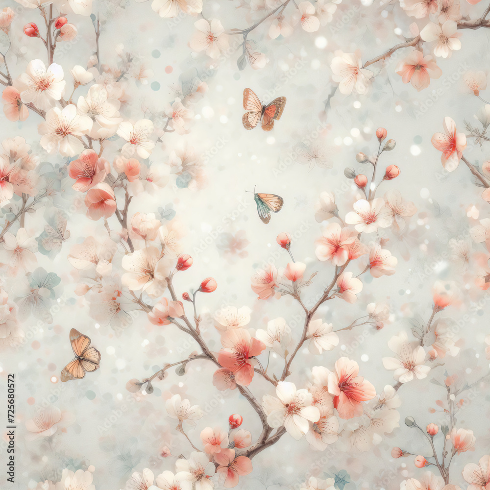 Fototapeta premium 桜と蝶と雪のイラスト