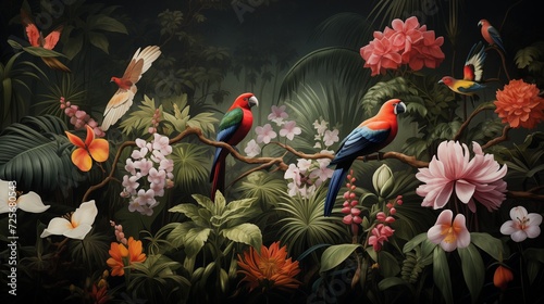 A stunning display of wildlife in their natural habitat, capturing the essence of animal behaviors and interactions, set against a lush botanical backdrop in a tropical setting