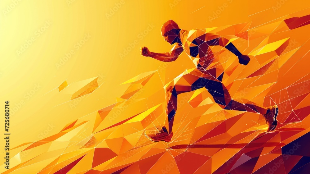 Geometric running man in vector on orange white background.