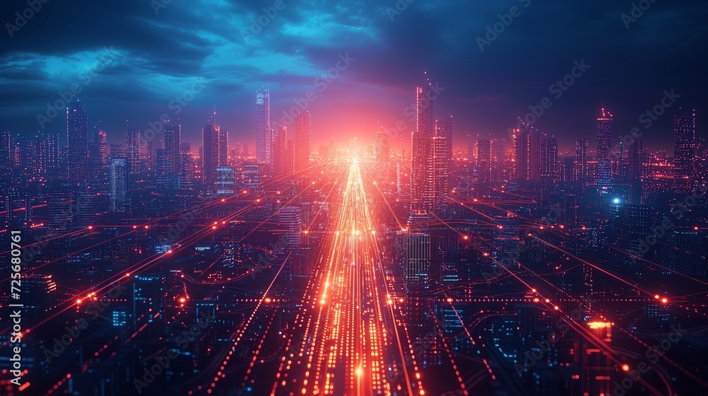 Futuristic smart city powered by 5G wireless network technology. The scene is bustling with high-speed internet connectivity. - obrazy, fototapety, plakaty 