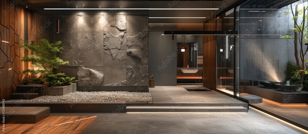 Contemporary studio space featuring grey decorative stone walls, wood and tile elements, along with LED lighting.