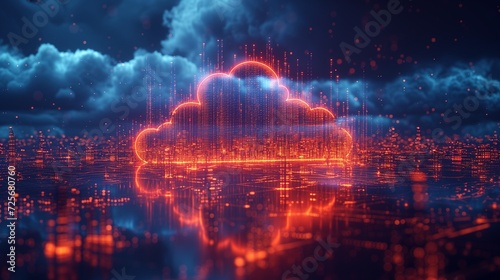 Digital informational technology web futuristic hologram with cloud icon, blue golden light digits and code background