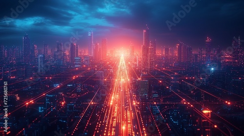 Futuristic smart city powered by 5G wireless network technology. The scene is bustling with high-speed internet connectivity.