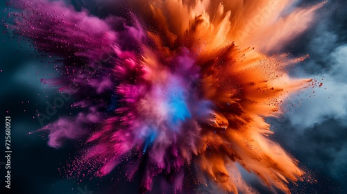 Colored powder explosion. Abstract closeup dust on backdrop.